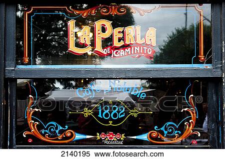 Stock Photography - Window Of Cafe La Perla De Caminito, La Boca, Buenos Aires, Argentina. Fotosearch