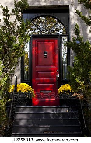 Windows and red door framed by potted flowers and green shrubs; Montreal, Quebec, Canada View Large Photo Image Stock Image - Windows and red door framed by potted flowers and green shrubs; Montreal, Quebec, Canada. Fotosearch