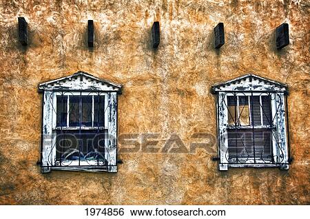 Stock Photograph - Windows I, New Mexico, Two Windows On Adobe Wall.. Fotosearch