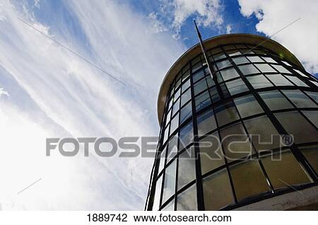Stock Image - Windows Of De La Warr Pavilion, Low Angle View. Fotosearch