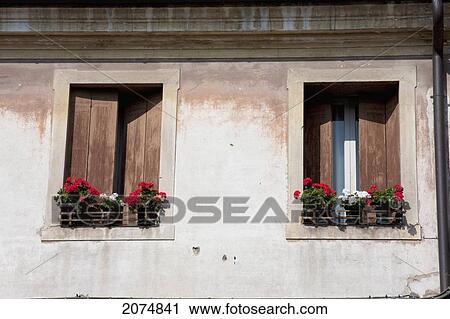 Stock Image - Windows With Geranium Boxes, Bassano, Italy. Fotosearch