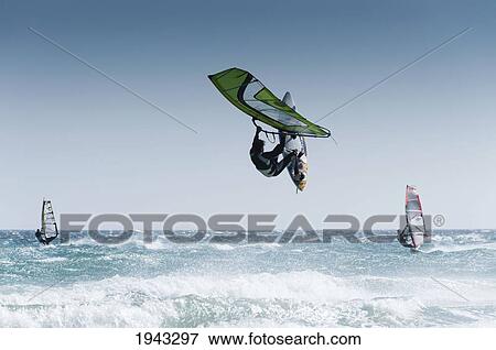 Stock Photo - Windsurfing Off Punta Paloma; Tarifa Cadiz Andalusia Spain. Fotosearch