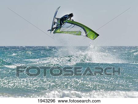 Stock Photograph - Windsurfing Off Punta Paloma; Tarifa Cadiz Andalusia Spain. Fotosearch