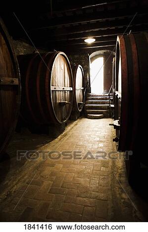Stock Photograph - Wine Barrels In Cellar; Castello Di Verrazzano, Greti, Italy. Fotosearch