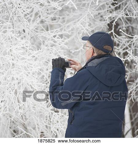 Stock Photography - Winnipeg, Manitoba, Canada; A Man Standing By Frost Covered Trees And Taking A Picture With His Camera. Fotosearch
