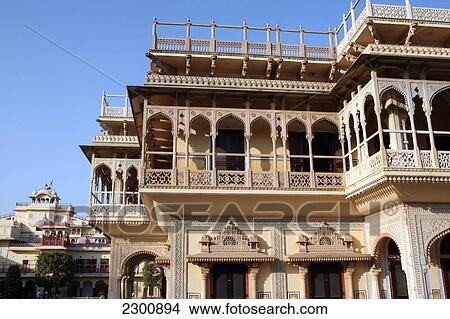 Picture - Within grounds at City Palace inside the old walled town in Jaipur, capital of Rajasthan, India. March. Jaipur, Rajasthan State, India.. Fotosearch