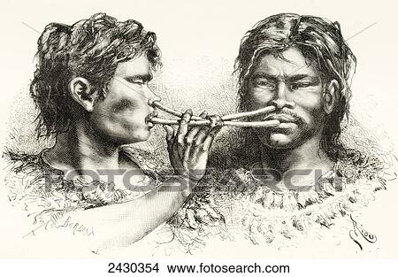 Picture - Witoto or Huitoto Indians, indigenous people of southeastern Colombia and northern Peru, taking snuff. From Am. Fotosearch