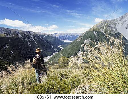 Stock Image - Woman Admiring View Down Valley In Arthur's Pass National Park, Southern Alps. Fotosearch