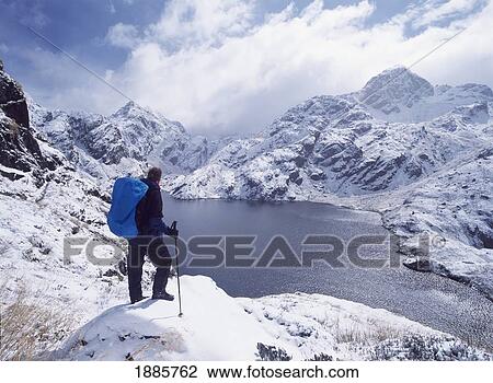 Woman Admiring View Over Lake And Mountains Covered In Snow View Large Photo Image Stock Image - Woman Admiring View Over Lake And Mountains Covered In Snow. Fotosearch