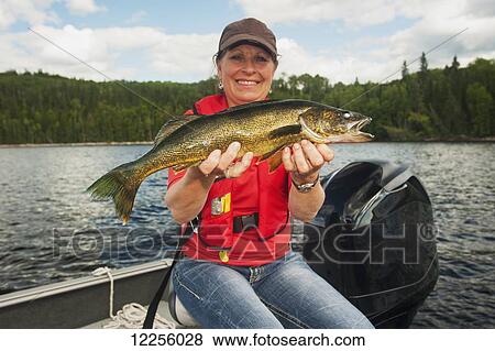 Woman angler holds a summer walleye; Ontario, Canada View Large Photo Image Stock Photo - Woman angler holds a summer walleye; Ontario, Canada. Fotosearch