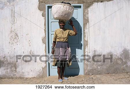 Picture - Woman Balancing Basket On Head. Fotosearch