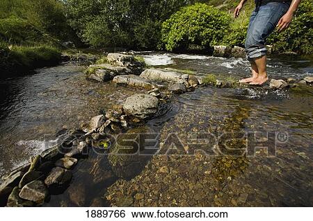 Woman Crossing River In Woods, Low Angle View View Large Photo Image Stock Photograph - Woman Crossing River In Woods, Low Angle View. Fotosearch