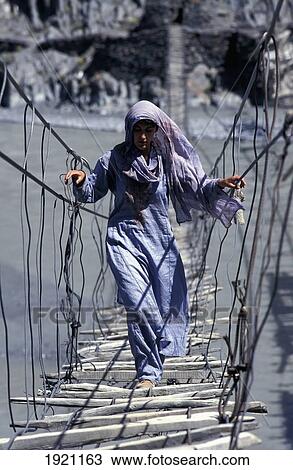 Stock Image - Woman Crossing River On Footbridge. Fotosearch