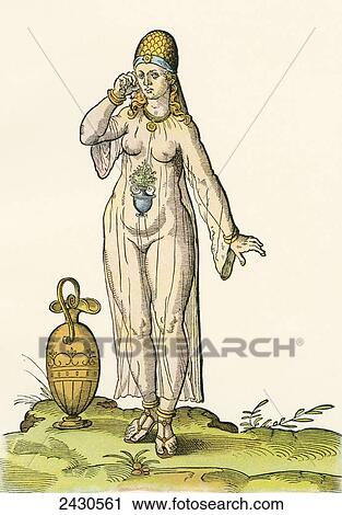 Stock Image - Woman in a bathing costume, after a 16th century woodcut by Josh Aman. From Illustrierte Sittengeschichte vom Mittelalter bis zur Gegenwart by Eduard Fuchs, published 1909.. Fotosearch