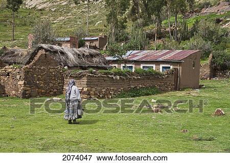 Stock Photo - Woman In A Field, Pariti Island, Titicaca Lake, Bolivia. Fotosearch