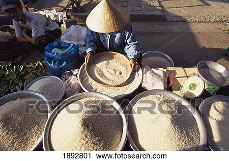 Stock Image - Woman In Conical Hat Sifting. Fotosearch