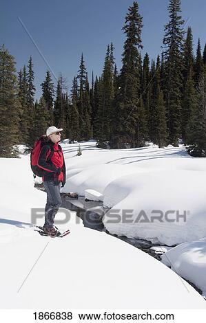 Woman In Snowshoes Standing Near A Creek View Large Photo Image Stock Photo - Woman In Snowshoes Standing Near A Creek. Fotosearch
