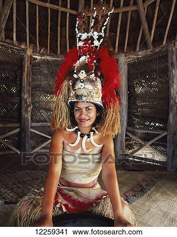 Stock Image - Woman in traditional dress attending Ava ceremony; Upolu Island, Samoa. Fotosearch
