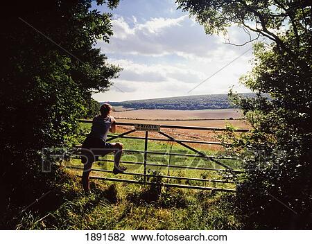 Stock Image - Woman Looking At Field Over Gate Along South Downs Way. Fotosearch