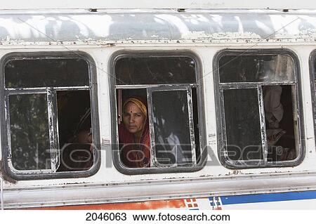 Stock Image - Woman On A Bus In Nawalgarh, Rajasthan, India. Fotosearch