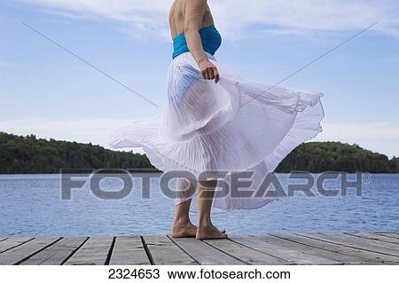 Stock Image - Woman On Cottage Dock With White Skirt Blowing In The Wind, Ontario, Canada. Fotosearch