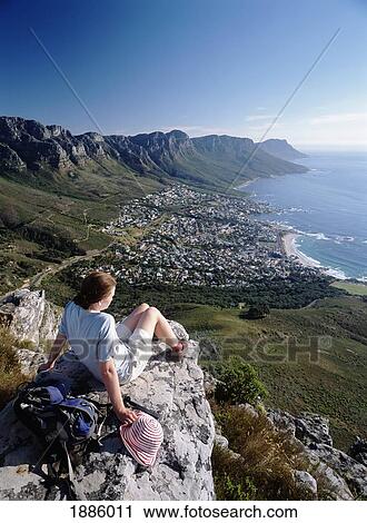 Stock Image - Woman On Top Of Table Mountain. Fotosearch