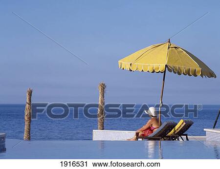 Stock Image - Woman Relaxing On Deckchair. Fotosearch