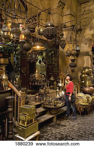 Stock Photo - Woman Shopping At Stalls In Covered Gateway In Khan El Khalili. Fotosearch