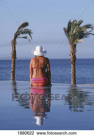 Stock Image - Woman Sitting At Poolside, Rear View. Fotosearch