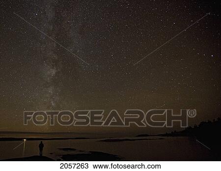 Stock Image - Woman Standing On The Shore Of Georgian Bay With Milky Way Overhead, Killbear Provincial Park, Ontario.. Fotosearch