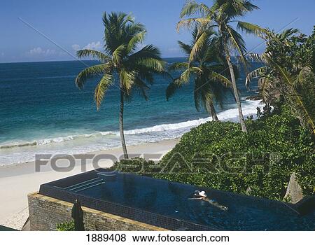 Stock Photo - Woman Swimming In Infinity Pool. Fotosearch
