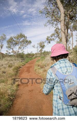 Stock Image - Woman Walking Down Path In Kata Tjuta Park. Fotosearch