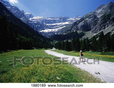 Stock Photo - Woman Walking Down Path Towards Mountains. Fotosearch