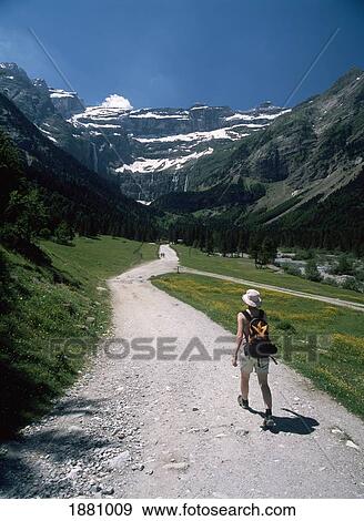 Woman Walking Down Path Towards The Cirque De Gavarnie View Large Photo Image Stock Photo - Woman Walking Down Path Towards The Cirque De Gavarnie. Fotosearch