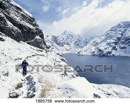 Stock Photograph - Woman Walking In A Snowy, Mountainous Landscape. Fotosearch