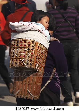 Stock Photo - Woman With Child Carrier On Her Back In The Forbidden City; Beijing, China. Fotosearch