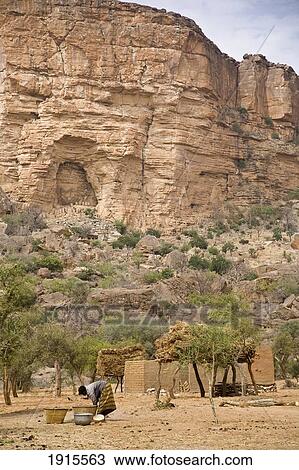 Stock Image - Woman Working In Ibi Village At Bandiagara Escarpment. Fotosearch