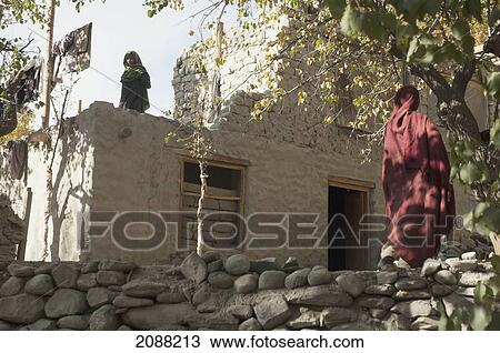Stock Image - Women By Their Home, Shigar, Northern Areas, Pakistan. Fotosearch