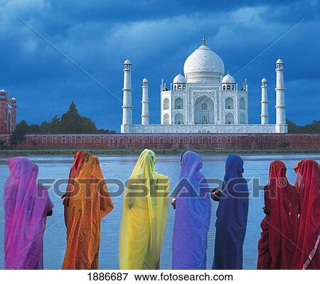Women In Colorful Saris In Front Of The Taj Mahal View Large Photo Image Stock Photo - Women In Colorful Saris In Front Of The Taj Mahal. Fotosearch