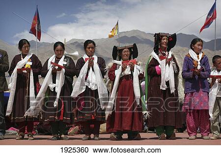 Stock Image - Women In Traditional Dress At 800 Year Old Birthday Celebration, Shey Monastery Nubra Valley, Leh Ladakh, India, Rituals Of Buddhist Drukpa Lineage. Fotosearch