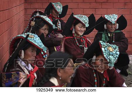 Stock Photo - Women In Traditional Dress In Corner Of Building, Diskyid, Nubra Valley, Leh Ladakh, India. Fotosearch