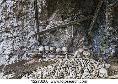 Stock Image - Wooden coffin and skulls on a rocky outcrop, Kete Kesu, Toraja Land, South Sulawesi, Indonesia. Fotosearch