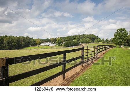 Stock Photo - Wooden fence at horse farm, near Freeland; Maryland, United States of America. Fotosearch