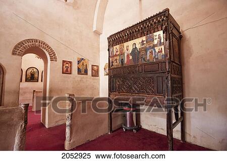 Stock Photography - Wooden Pulpit With Icons In The Nave Of The Church Of St. Mary In The Monastery Of The Syrians (Monastery Of The Holy Virgin And St. John Kame), Also Called Deir El Sourian, Wadi El Natrun, Egypt. Fotosearch