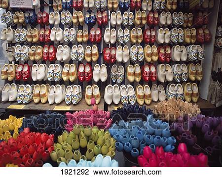 Wooden Tulips & Clogs, Flower Market View Large Photo Image Stock Image - Wooden Tulips & Clogs, Flower Market. Fotosearch
