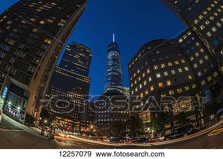 Stock Photo - World Trade Center at twilight, Battery Park City; New York, New York City, United States of America. Fotosearch