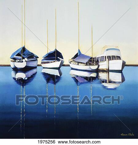 Stock Photograph - Yacht Harbor, Sailboats Docked In Harbor, Reflections On Water (Oil Painting).. Fotosearch