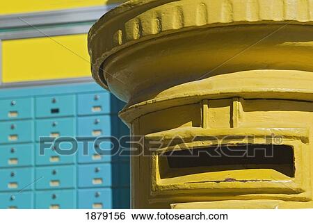 Yellow Post Box And Turquoise Po Boxes View Large Photo Image Stock Photograph - Yellow Post Box And Turquoise Po Boxes. Fotosearch