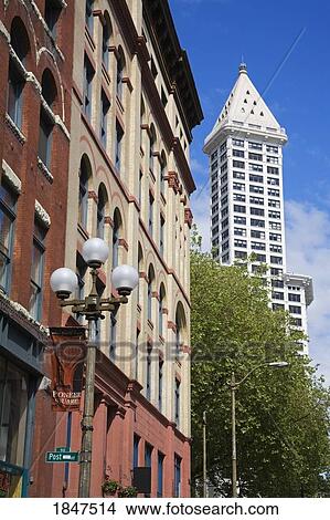 Picture - Yesler Way Street And Smith Tower; Pioneer Square, Seattle, Washington State, Usa. Fotosearch
