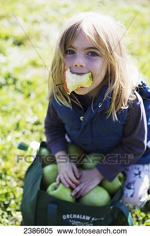 Stock Photography - Young girl with a bag of green apples and an apple core in her mouth; Ontario, Canada. Fotosearch